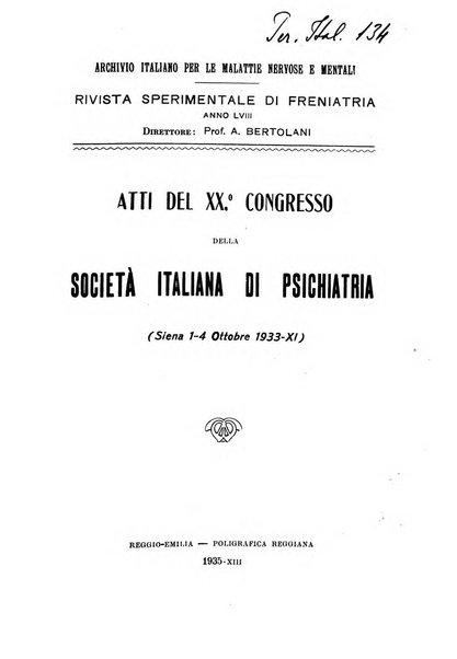 Rivista sperimentale di freniatria e medicina legale delle alienazioni mentali organo della Società freniatrica italiana